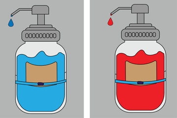 Illustration of two soap dispensers with blue and red liquid