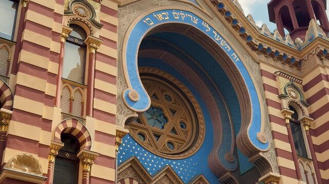 The opulent Neo-Moorish interior of the Spanish Synagogue in Prague, Czech Republic. Exquisite geometric patterns, vibrant colors, and elaborate gold ornamentation showcase 