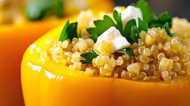 A delicious yellow bell pepper filled with quinoa salad, fresh herbs, and feta cheese. Perfect for a healthy meal or side dish, showcasing vibrant colors and flavors.