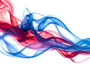 Abstract image of flowing, wispy, transparent smoke in shades of red and blue