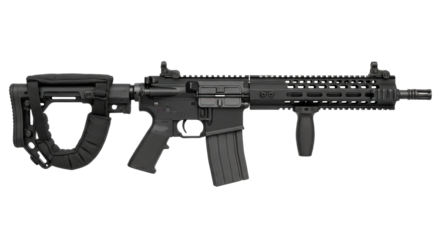 Modern tactical assault rifle with collapsible stock and accessories isolated on transparent background