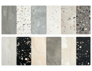 Assorted stone samples in varied colors and patterns, displayed in a grid formation