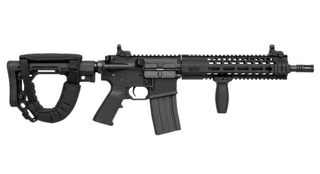 Modern tactical assault rifle with collapsible stock and accessories isolated on transparent background