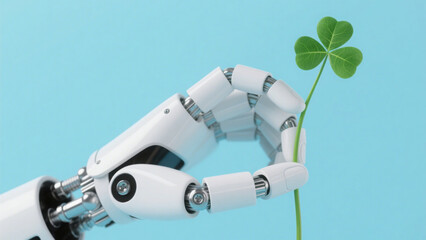 White Robotic Hand Gently Holding a Green Four-Leaf Clover, Set Against a Soft Light Blue Background &ndash; For Tech & Nature Harmony, AI Care & Futuristic Gentle Innovation Visual Concepts