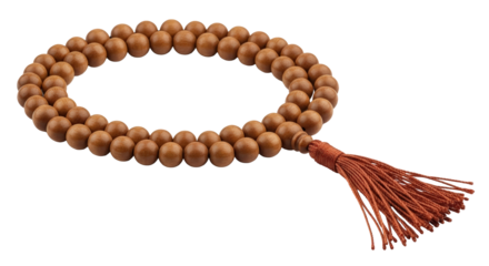 Spiritual meditation beads mala with tassel symbolizing serenity prayer and mindfulness practice isolated on transparent background