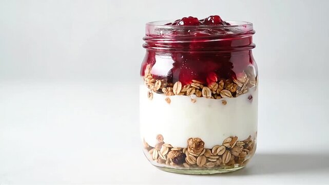 Appetizing layered yogurt parfait with crunchy granola and sweet cherry or berry fruit topping in a clear glass jar on a bright white background perfect healthy