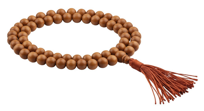 Spiritual meditation beads mala with tassel symbolizing serenity prayer and mindfulness practice isolated on transparent background