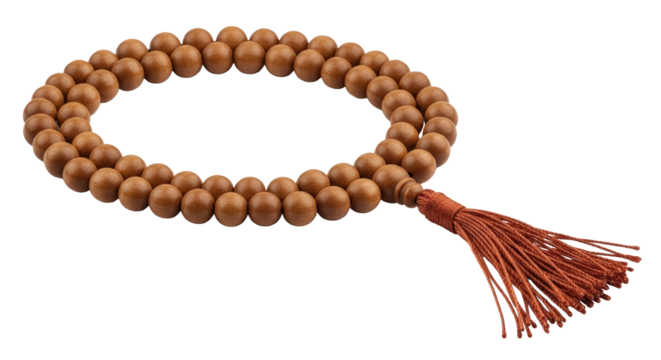 Spiritual meditation beads mala with tassel symbolizing serenity prayer and mindfulness practice isolated on transparent background