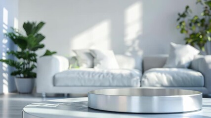 A spacious and bright living room featuring a comfortable sofa and stylish minimalist decor. The scene is enhanced by natural sunlight and vibrant indoor plants. - Powered by Adobe