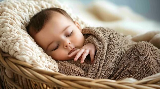 Serene Slumber: A peaceful infant, nestled in a cozy woven basket and wrapped in a soft blanket, drifts into a deep sleep, symbolizing innocence and the tranquility of infancy.