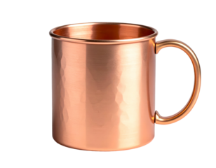 Copper mug with hammered texture, handle, and glossy interior, against black