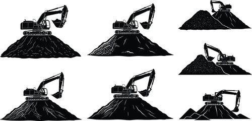 Excavator silhouette illustration, heavy machinery construction, earth moving equipment, digging and scooping action, industrial engineering, mining, land development, building site work