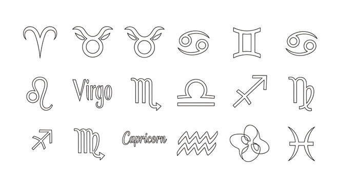 Collection of white outline zodiac signs and astrological symbols on black background astrology horoscope