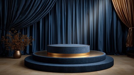 Elegant Blue Stage with Gold Accents and Dark Curtains for Performance or Presentation