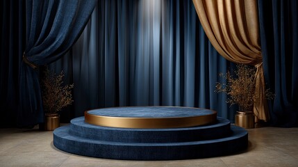 Elegant Blue and Gold Stage with Curtains and Potted Plants for Event or Performance Setting