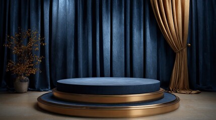 Elegant Blue Velvet Stage with Golden Accents and Curtain Backdrop for Presentation or Event