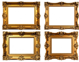 Four ornate gold picture frames, empty, arranged as a 2x2 grid