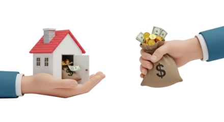 Hands exchanging a model house for a money bag signifying real estate transaction and investment isolated on transparent background