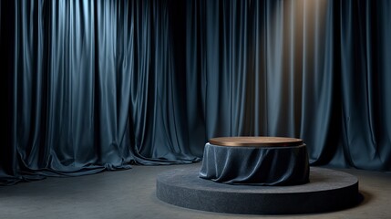 Empty Stage with Round Wooden Platform and Dark Curtains in Theater Setting