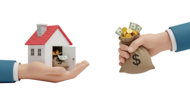 Hands exchanging a model house for a money bag signifying real estate transaction and investment isolated on transparent background