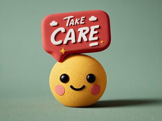 Cute Smiling Yellow Sphere with Black Eyes Pink Cheeks and Speech Bubble Saying Take Care in Bright Colors