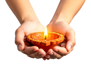 Hands gently cradle a glowing earthen lamp on a pure black backdrop