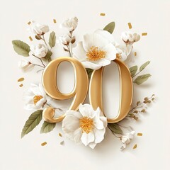 Elegant Golden Number 20 Decorated with White Flowers and Green Leaves for Celebration