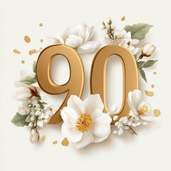 Golden Number Ninety Celebration Decor with White Flowers and Green Leaves