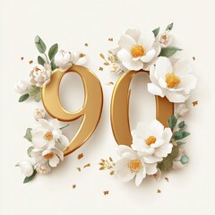 Elegant Golden Number Ninety Surrounded by White Flowers and Gold Confetti for Milestone Celebration