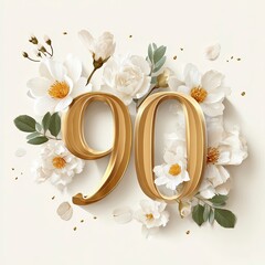 Golden 90 Number with White Flowers and Green Leaves for Anniversary Celebration