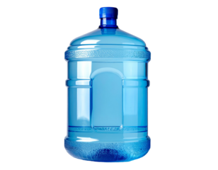 Large, clear blue water container with a blue cap against a black background
