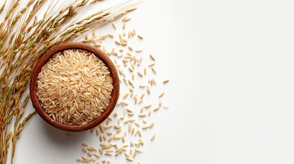 Uncooked Rice in Wooden Bowl with Wheat Stalks on White Background