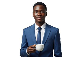 Professional african american businessman in blue suit holding coffee cup stock photo portrait isolated on transparent background