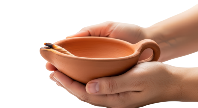 Hands gently cup a traditional earthenware oil lamp symbolizing ancient traditions and sacred light isolated on transparent background