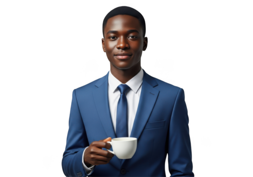 Professional african american businessman in blue suit holding coffee cup stock photo portrait isolated on transparent background - Powered by Adobe