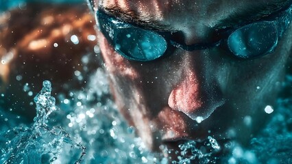 Close-up of a swimmer wearing blue goggles as water splashes around, droplets frozen mid-splash Concept Water Splash Photography, Close-Up Swimmer, Blue Goggles, Droplets Frozen, Sport Portrait