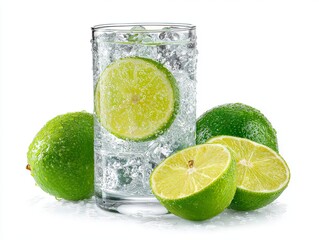 Refreshing Lime Water with Ice and Whole Lime Fruits on White Background