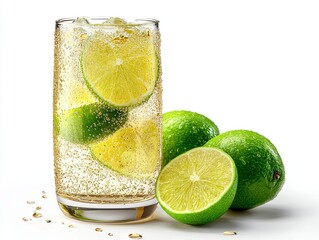 Refreshing Lime Drink with Sliced Lime and Whole Lime on White Background
