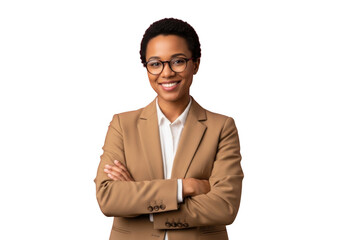 Professional african american businesswoman in suit smiling confidently portrait stock photo png isolated on transparent background