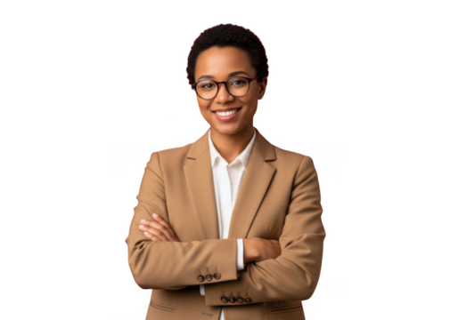 Professional african american businesswoman in suit smiling confidently portrait stock photo png isolated on transparent background