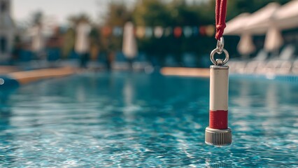 A small white and red cylinder hanging from a red cord over a swimming pool. Concept Poolside safety buoy, Red cord detail, White and red cylinder, Water reflection, Summer pool photography