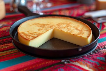 Cheesecake in Black Skillet on Colorful Tablecloth