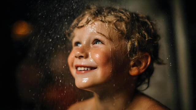 Young boy with wet hair, smiling as water droplets spray across his face. Concept Splashy water portrait, Wet hair joy, Smiling kid photography, Water droplets, Playful outdoor shoot