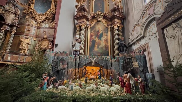 Exterior and opulent Baroque interior of the Church of Our Lady Before T&yacute;n in Prague. Features stunning gilded altars, frescoes, and monumental columns, representing centuries of Czech history.