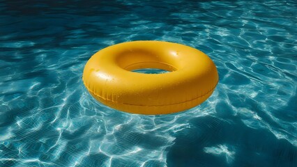 A bright yellow inflatable ring floating on clear blue pool water. Concept Poolside fun, Yellow inflatable ring, Clear blue water, Summer vibes, Playful photography