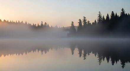 Serene forest silhouette reflected in a foggy lake at dawn.