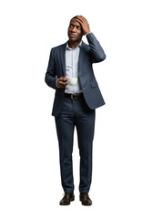 Pensive african american businessman in suit holding coffee cup looking upwards stock photo isolated on transparent background