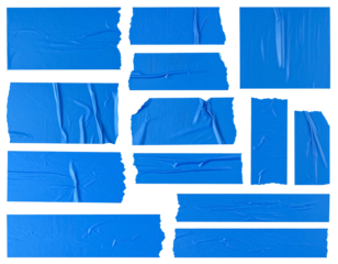 Various torn pieces of blue adhesive tape on a solid black background