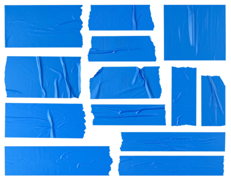 Various torn pieces of blue adhesive tape on a solid black background