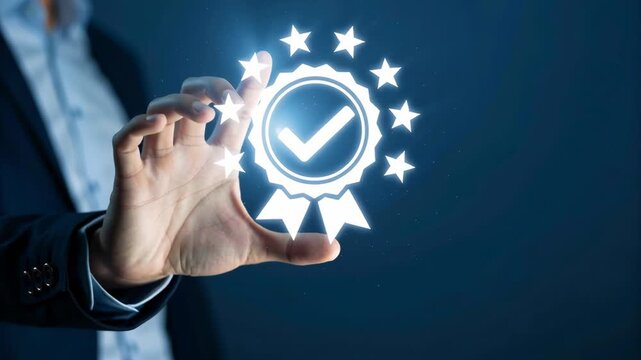 Hand touching a glowing award badge symbolizing quality assurance and achievement
